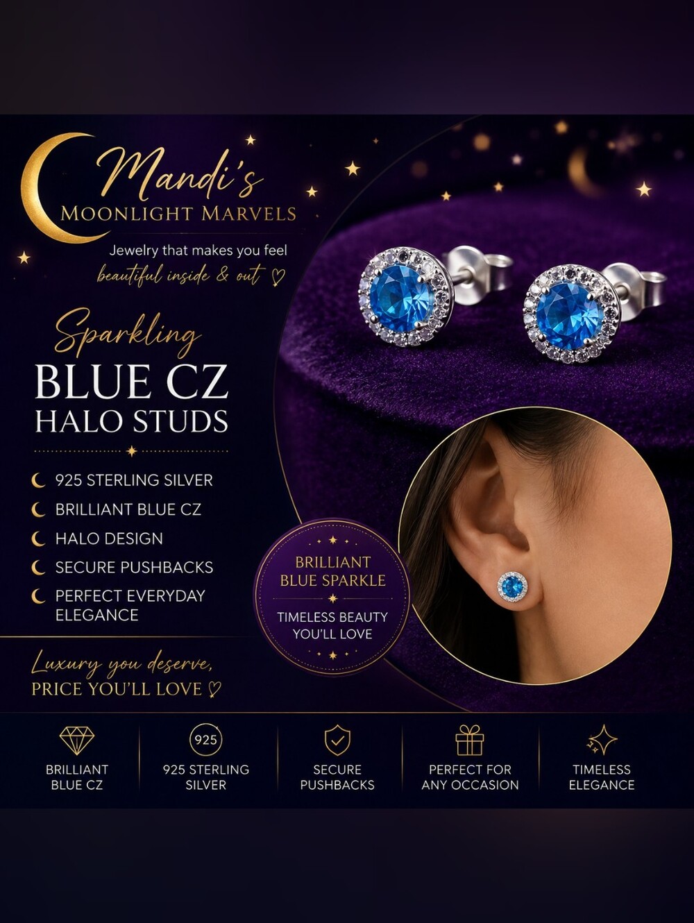 Brilliant Blue CZ Halo Stud Earrings - Sterling Silver